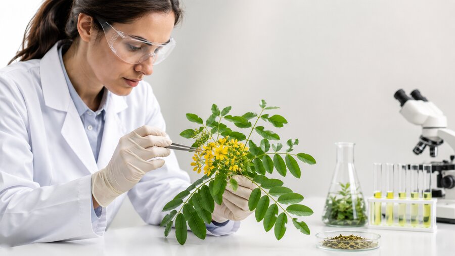 Lab scientist inspecting senna flowers with testing equipment